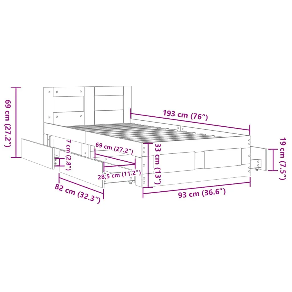 Bed Frame with Headboard Slatted Base Storage Drawers Brown 90 x 190 cm