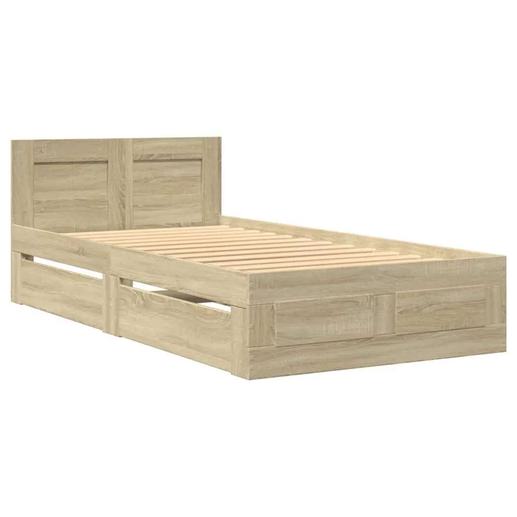 Bed Frame with Headboard Slatted Base Storage Drawers Brown 90 x 190 cm