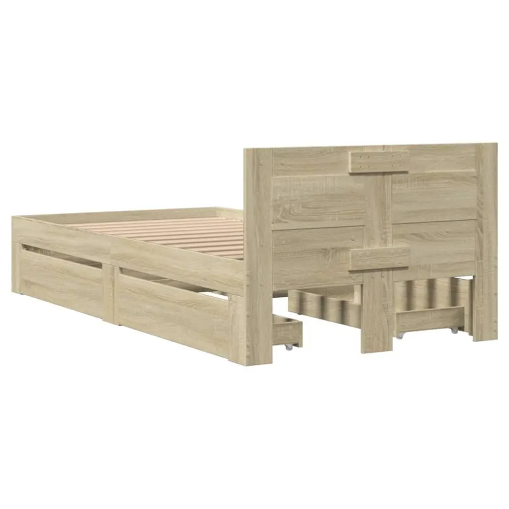 Bed Frame with Headboard Slatted Base Storage Drawers Brown 90 x 190 cm