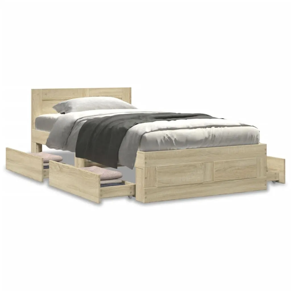 Bed Frame with Headboard Slatted Base Storage Drawers Brown 90 x 190 cm