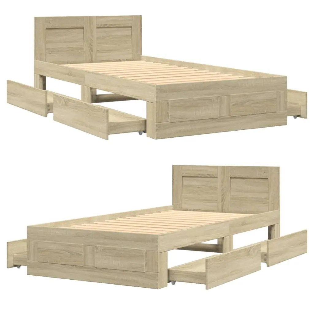 Bed Frame with Headboard Slatted Base Storage Drawers Brown 90 x 190 cm