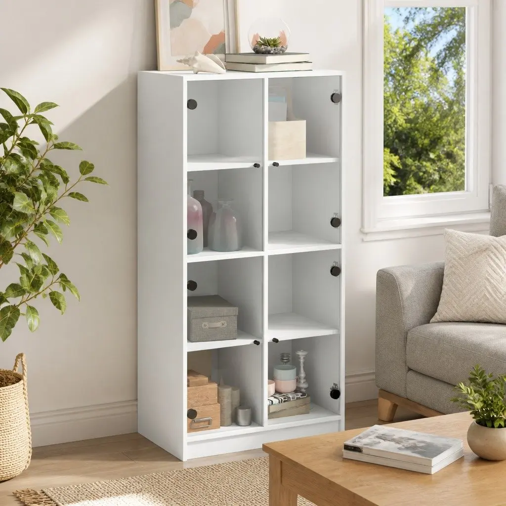 Highboard Storage Cabinet Engineered Wood White 68x37x142cm with Doors and Shelves for Organising Books Documents and Decorative Items