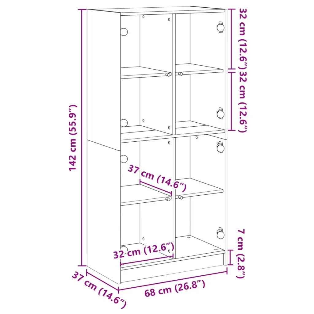 Highboard Storage Cabinet Engineered Wood White 68x37x142cm with Doors and Shelves for Organising Books Documents and Decorative Items