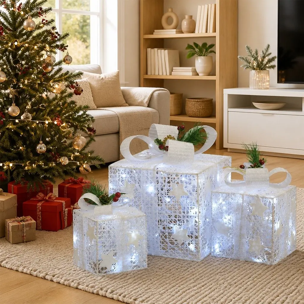 Decorative Christmas Gift Boxes 3 pcs White LED Lights 8 Effects Indoor Outdoor