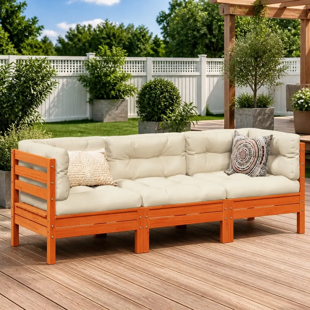 3 Piece Outdoor Garden Sofa Set Solid Pinewood Brown Cushions