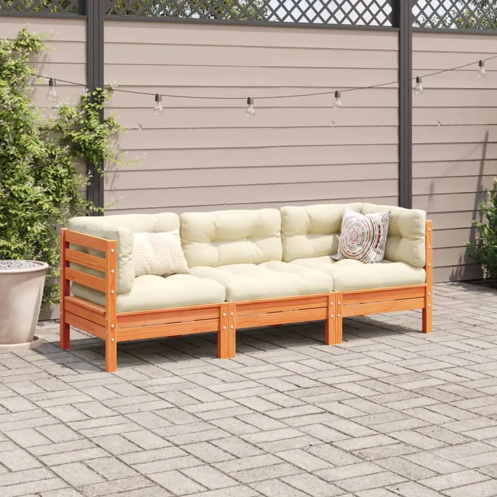 3 Piece Outdoor Garden Sofa Set Solid Pinewood Brown Cushions