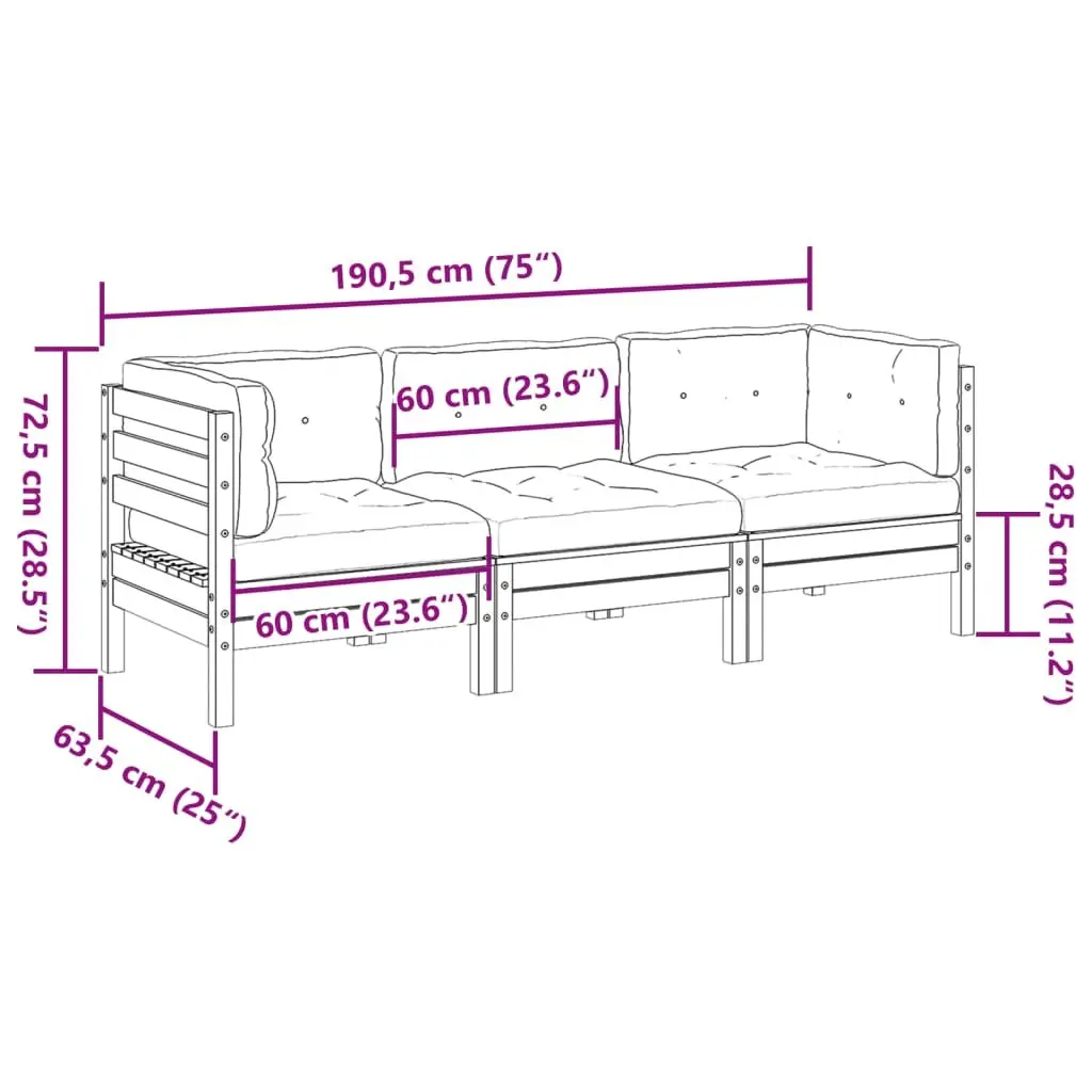 3 Piece Outdoor Garden Sofa Set Solid Pinewood Brown Cushions