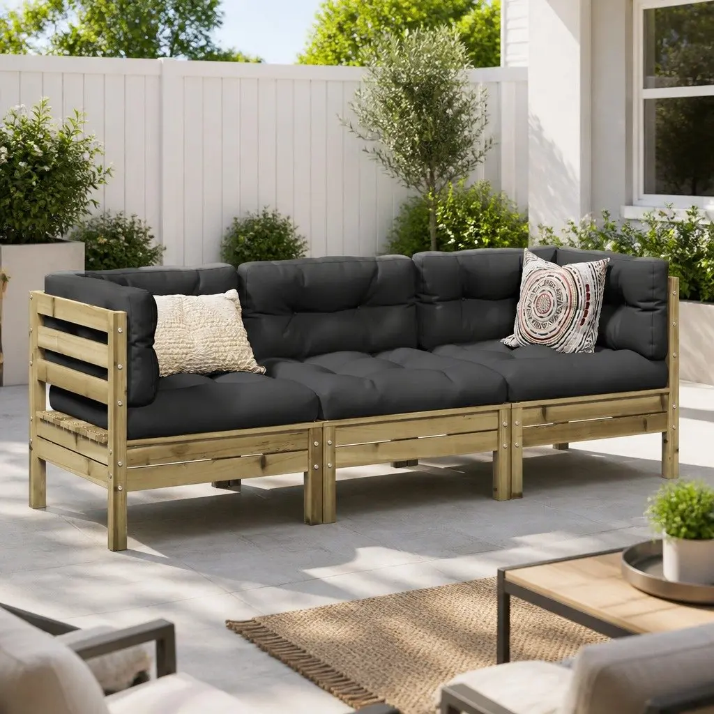 Garden Sofa Set 3 Piece Outdoor Furniture Brown Cushions Patio Seating