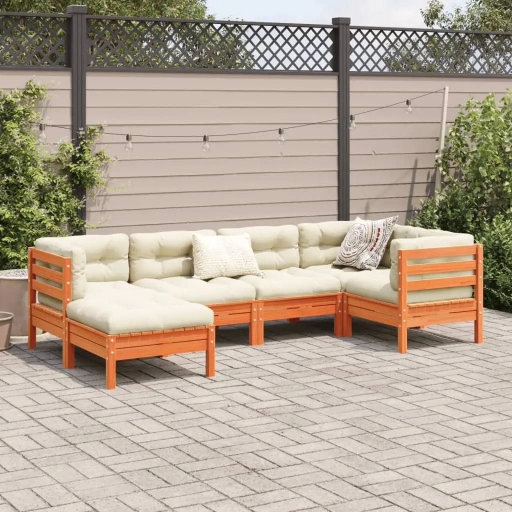 6 Piece Outdoor Garden Sofa Set Brown Solid Pine Wood with Cushions