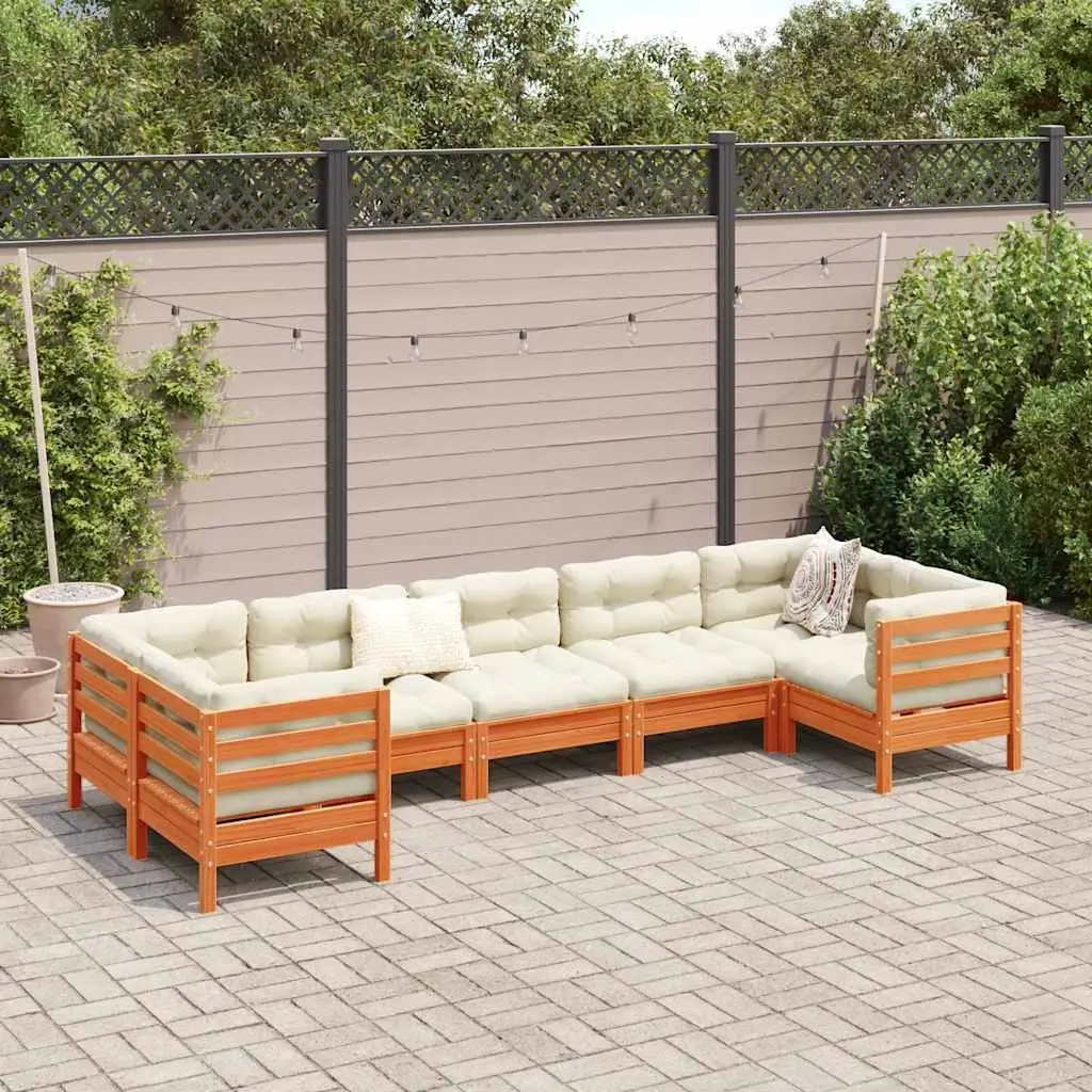 Garden Sofa Set 7 Piece Outdoor Furniture Brown Wood with Cushions Patio Seating