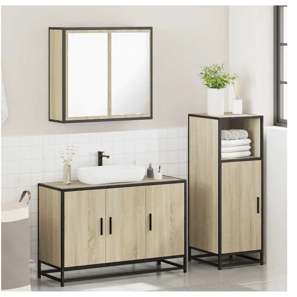 Bathroom Furniture Set Engineered Wood 3 Piece Brown Vanity Cabinet Mirror
