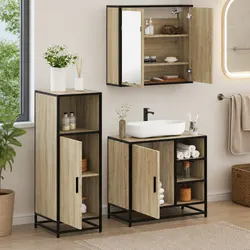 Bathroom Furniture Set 3 Piece Brown Vanity Cabinet Mirror Storage Engineered