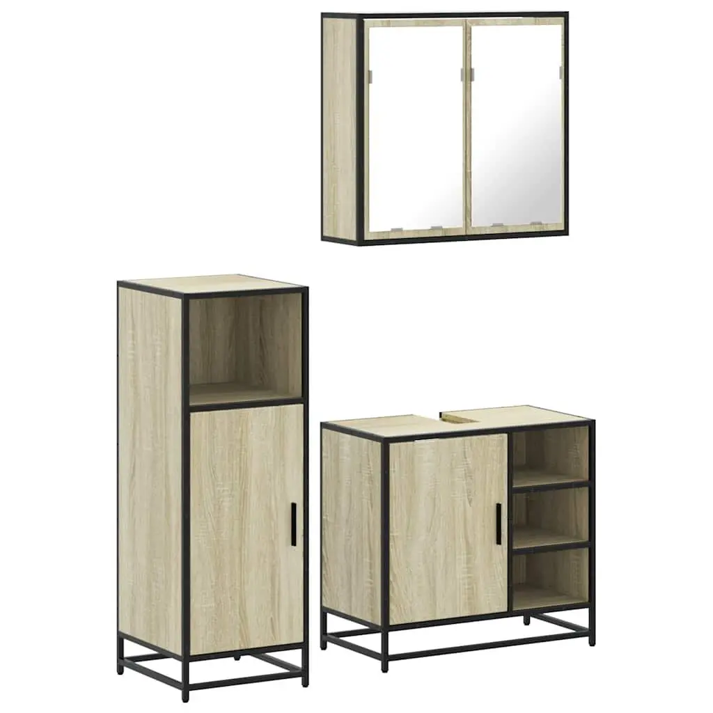 3 Piece Bathroom Set Engineered Wood Brown Vanity Cabinet Mirror Storage