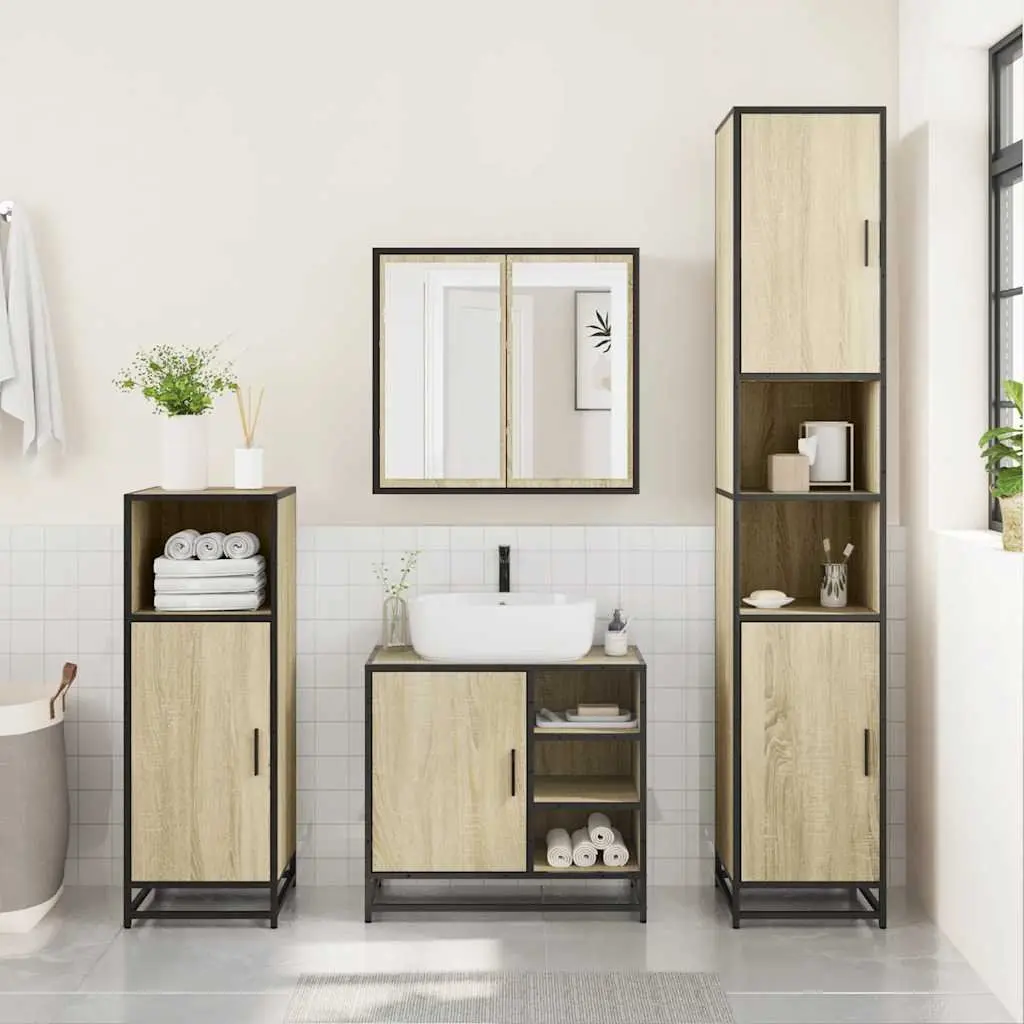 3 Piece Bathroom Set Engineered Wood Brown Vanity Cabinet Mirror Storage