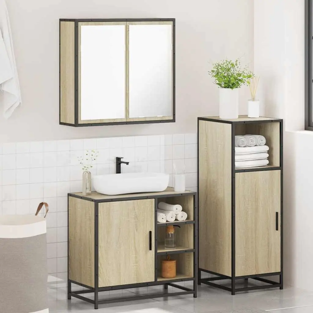 3 Piece Bathroom Set Engineered Wood Brown Vanity Cabinet Mirror Storage