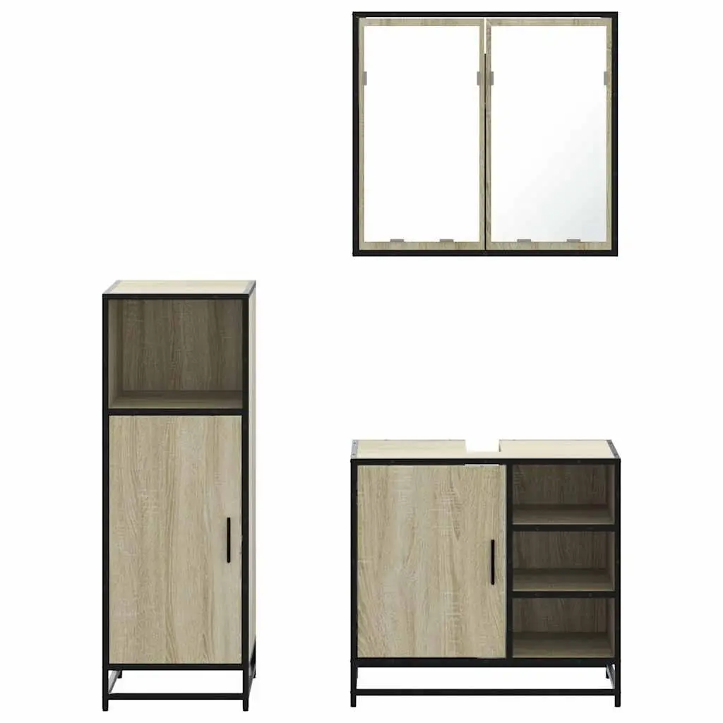 3 Piece Bathroom Set Engineered Wood Brown Vanity Cabinet Mirror Storage