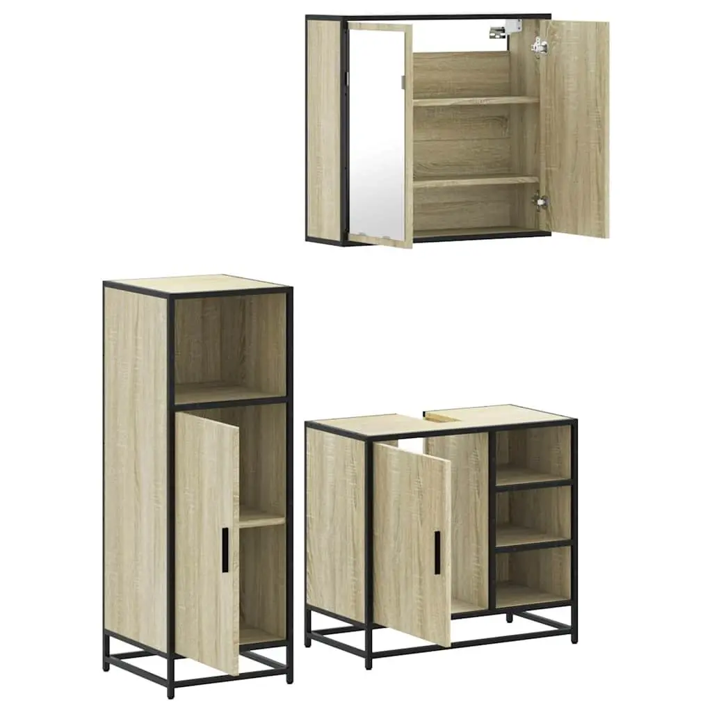 3 Piece Bathroom Set Engineered Wood Brown Vanity Cabinet Mirror Storage