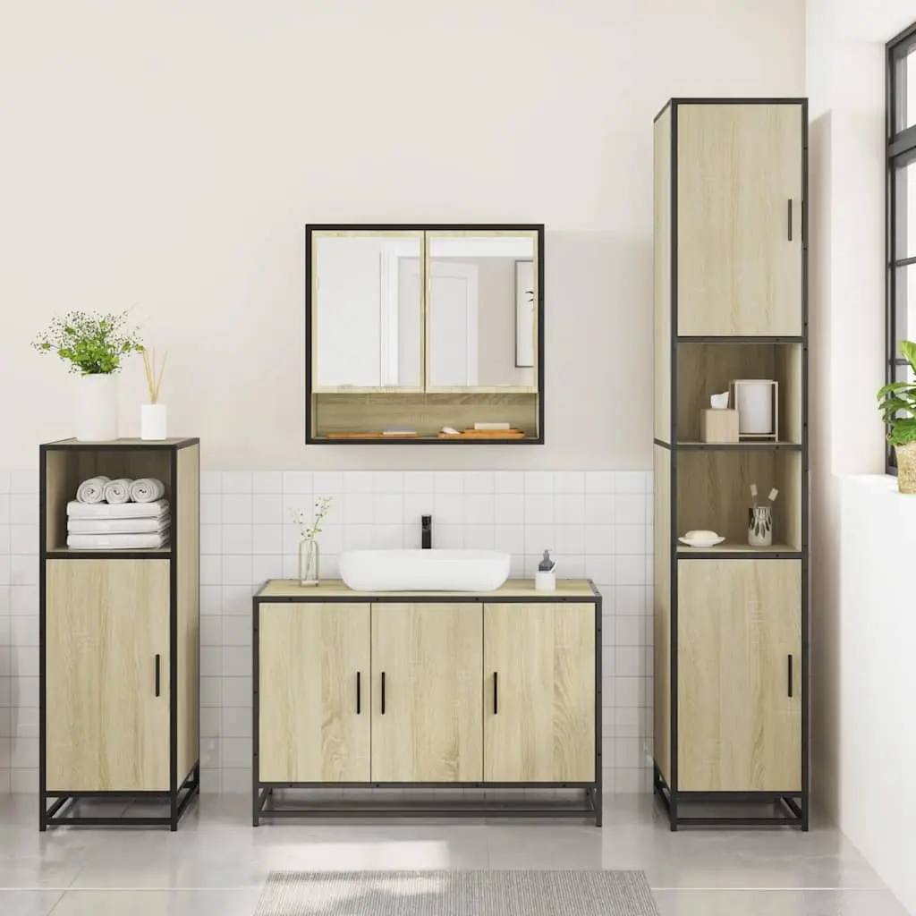 3 Piece Vanity Cabinet Set with Integrated Mirror and Storage Sonoma Oak Brown