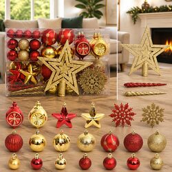Christmas Bauble Set 108 Piece Gold Red Ornaments Shatterproof Tree Decoration