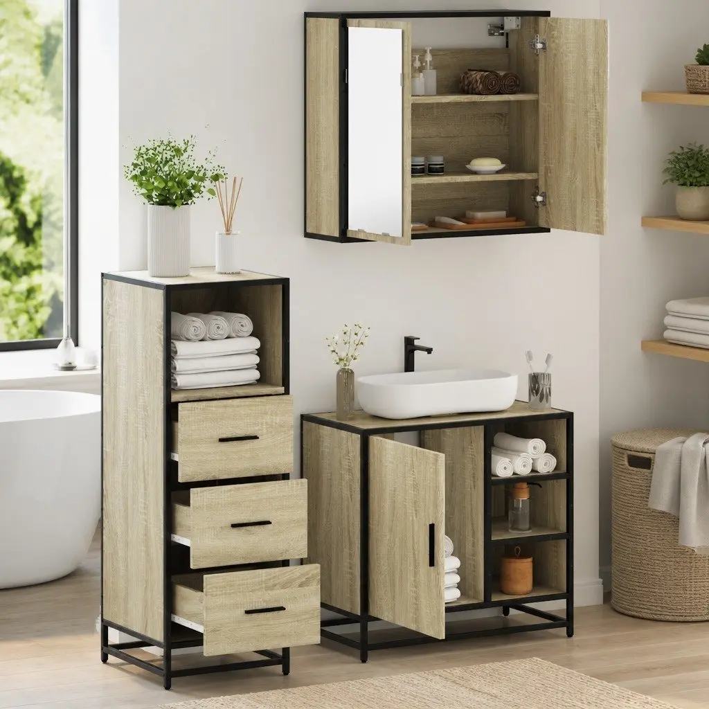 Bathroom Set 3 Piece Vanity Cabinet Mirror Sonoma Oak Storage Unit