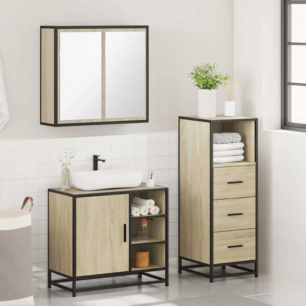 Bathroom Set 3 Piece Vanity Cabinet Mirror Sonoma Oak Storage Unit