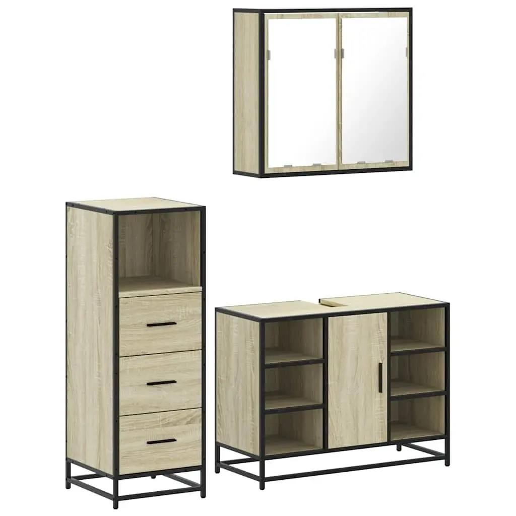 3 Piece Bathroom Set Engineered Wood Storage Vanity Cabinet Mirror Brown Sonoma Oak