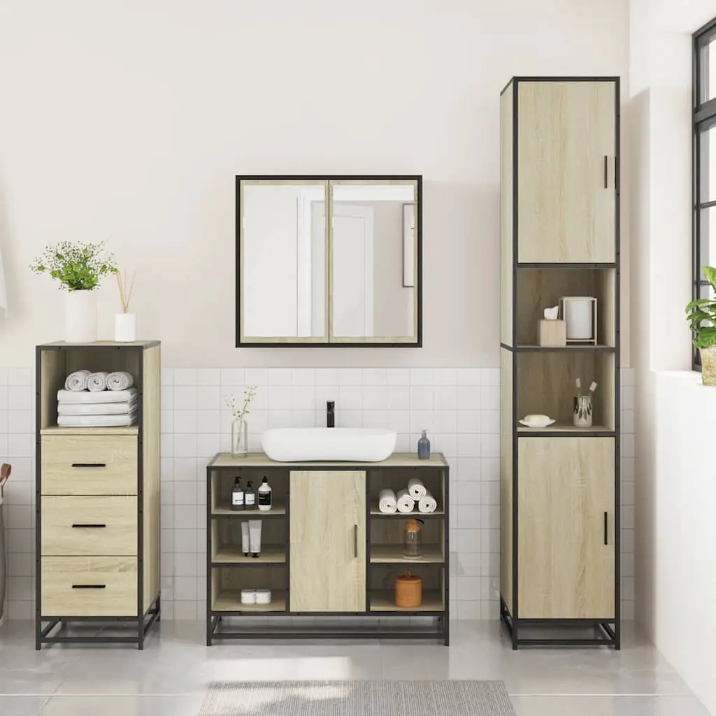 3 Piece Bathroom Set Engineered Wood Storage Vanity Cabinet Mirror Brown Sonoma Oak