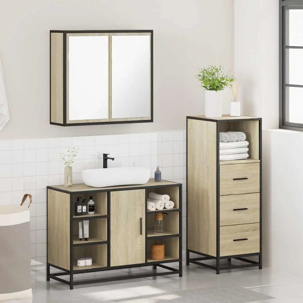 3 Piece Bathroom Set Engineered Wood Storage Vanity Cabinet Mirror Brown Sonoma Oak