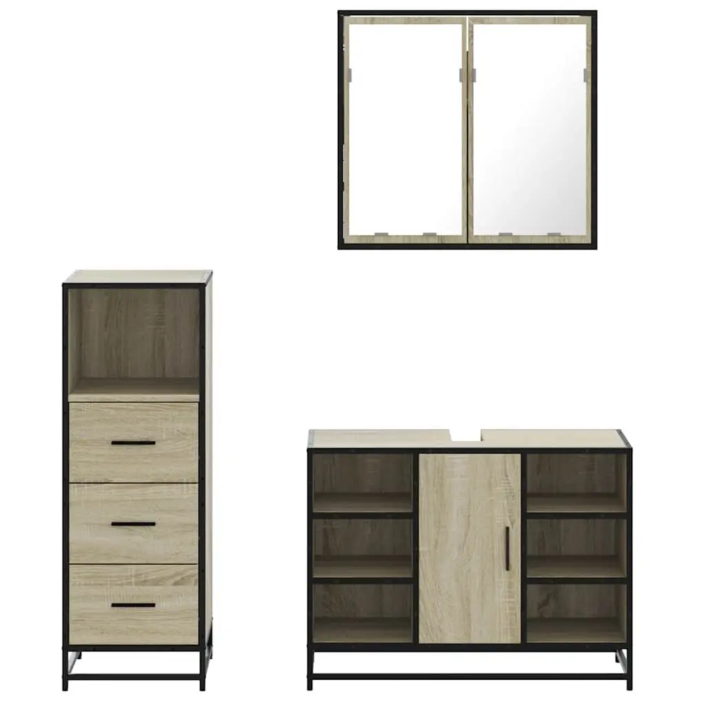 3 Piece Bathroom Set Engineered Wood Storage Vanity Cabinet Mirror Brown Sonoma Oak