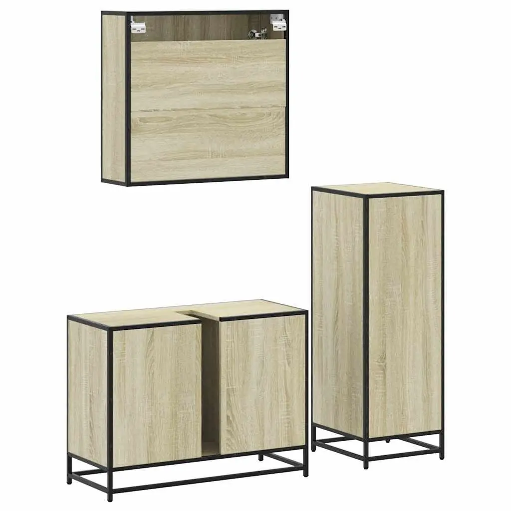 3 Piece Bathroom Set Engineered Wood Storage Vanity Cabinet Mirror Brown Sonoma Oak