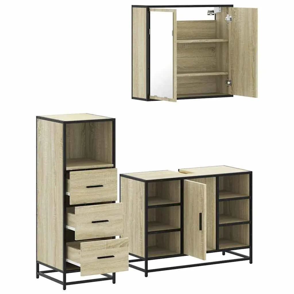 3 Piece Bathroom Set Engineered Wood Storage Vanity Cabinet Mirror Brown Sonoma Oak