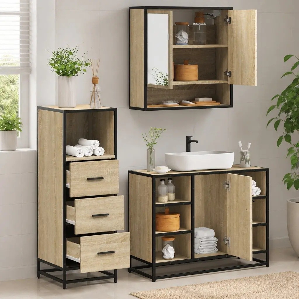 3 Piece Bathroom Furniture Set Engineered Wood Brown Vanity Mirror Cabinet