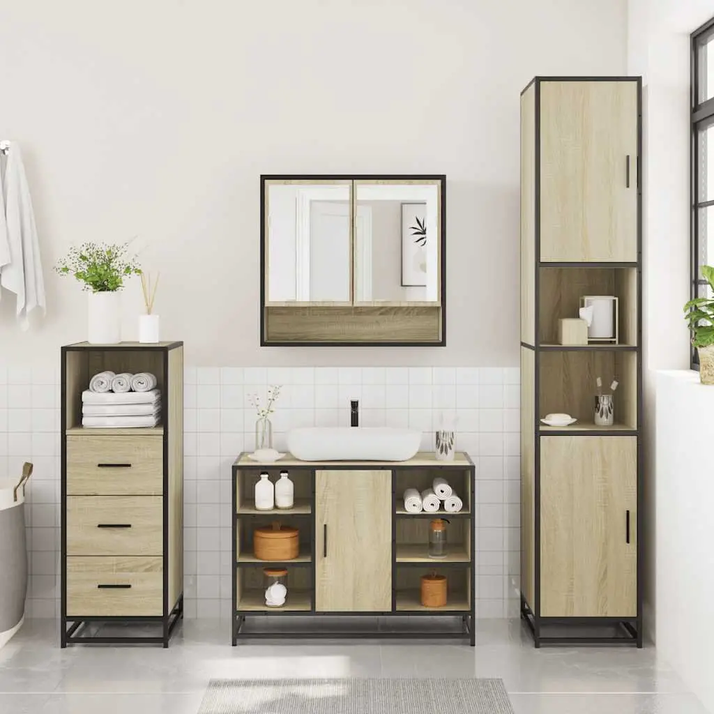 Brown Vanity Cabinet with Mirror and Engineered Wood 3 Piece Bathroom Furniture Set