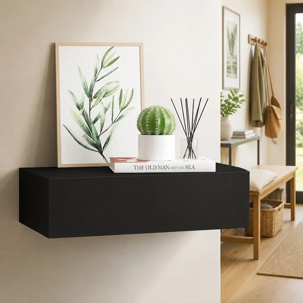 Black Floating Storage Organizer Wall-mounted Shelf with Drawer 40x23.5x10cm