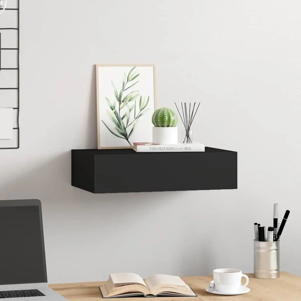 Black Floating Storage Organizer Wall-mounted Shelf with Drawer 40x23.5x10cm