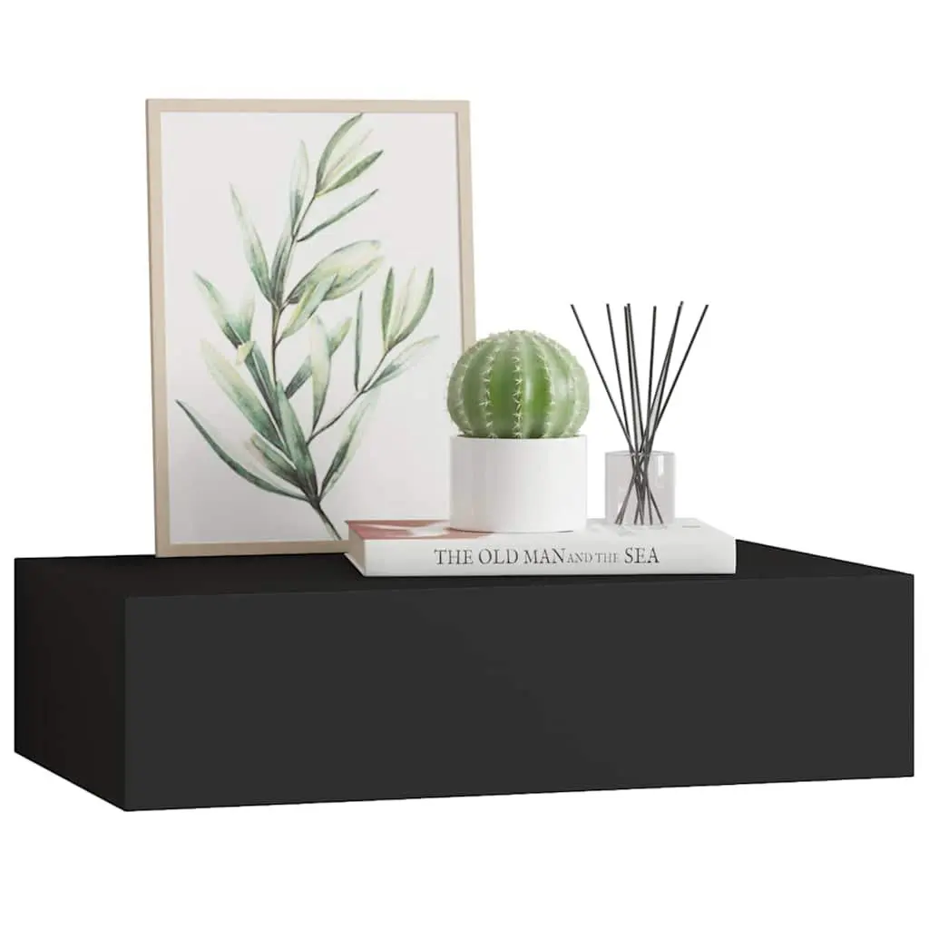Black Floating Storage Organizer Wall-mounted Shelf with Drawer 40x23.5x10cm