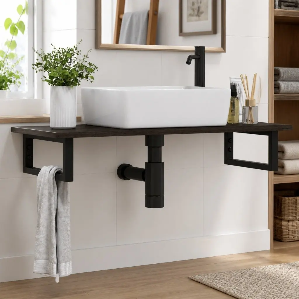 Wall Mounted Basin Shelf Steel Oak Floating Bathroom Vanity Storage Cabinet