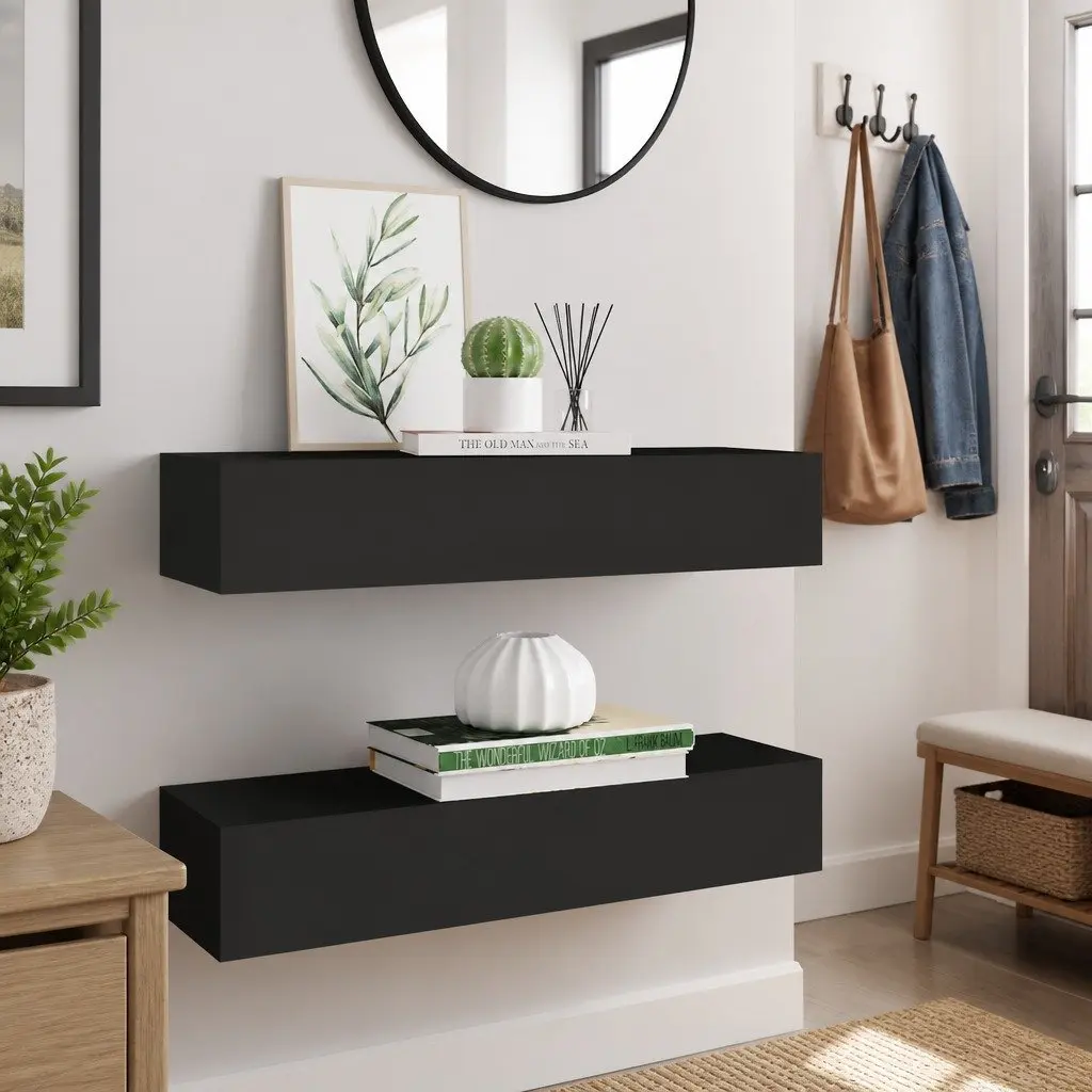 Wall-mounted Drawer Shelves Black Floating Storage Organizer 60 x 23.5 x 10 cm 2 pcs