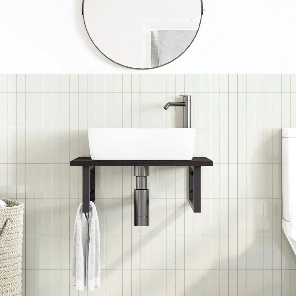 Wall Mounted Basin Shelf Brown Steel Frame Solid Oak Wood