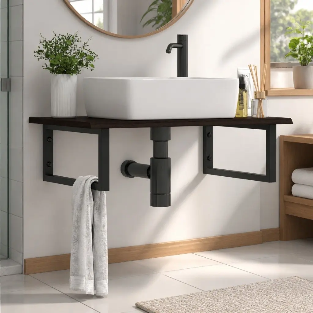 Wall Mounted Basin Shelf Steel Frame Solid Oak Wood Top Floating Cabinet