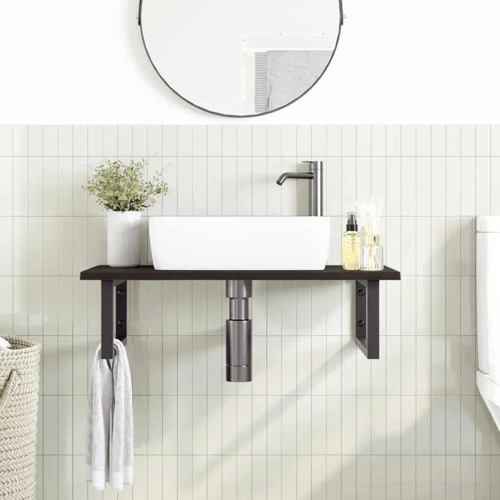 Wall Mounted Basin Shelf Steel Frame Solid Oak Wood Top Floating Cabinet