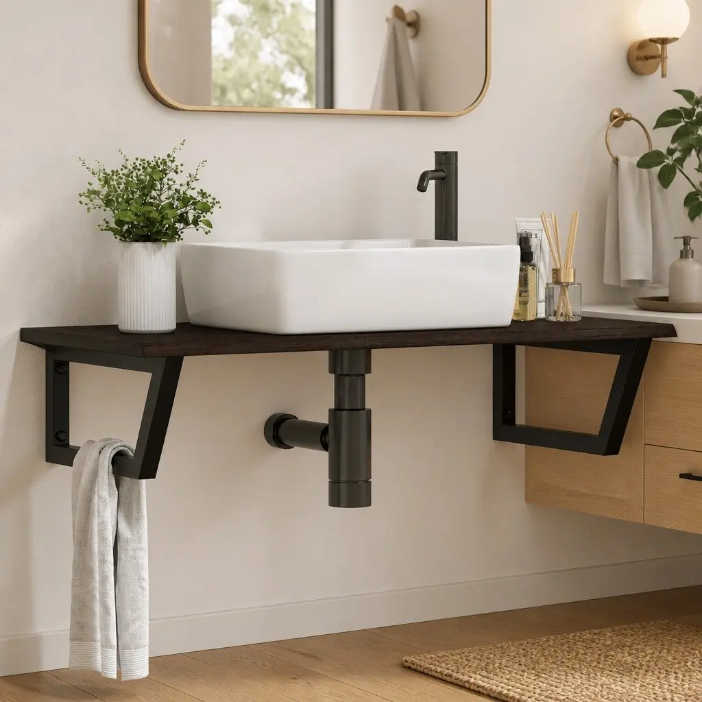 Wall Mounted Basin Shelf Bathroom Vanity Storage Steel Oak Wood Brown Floating