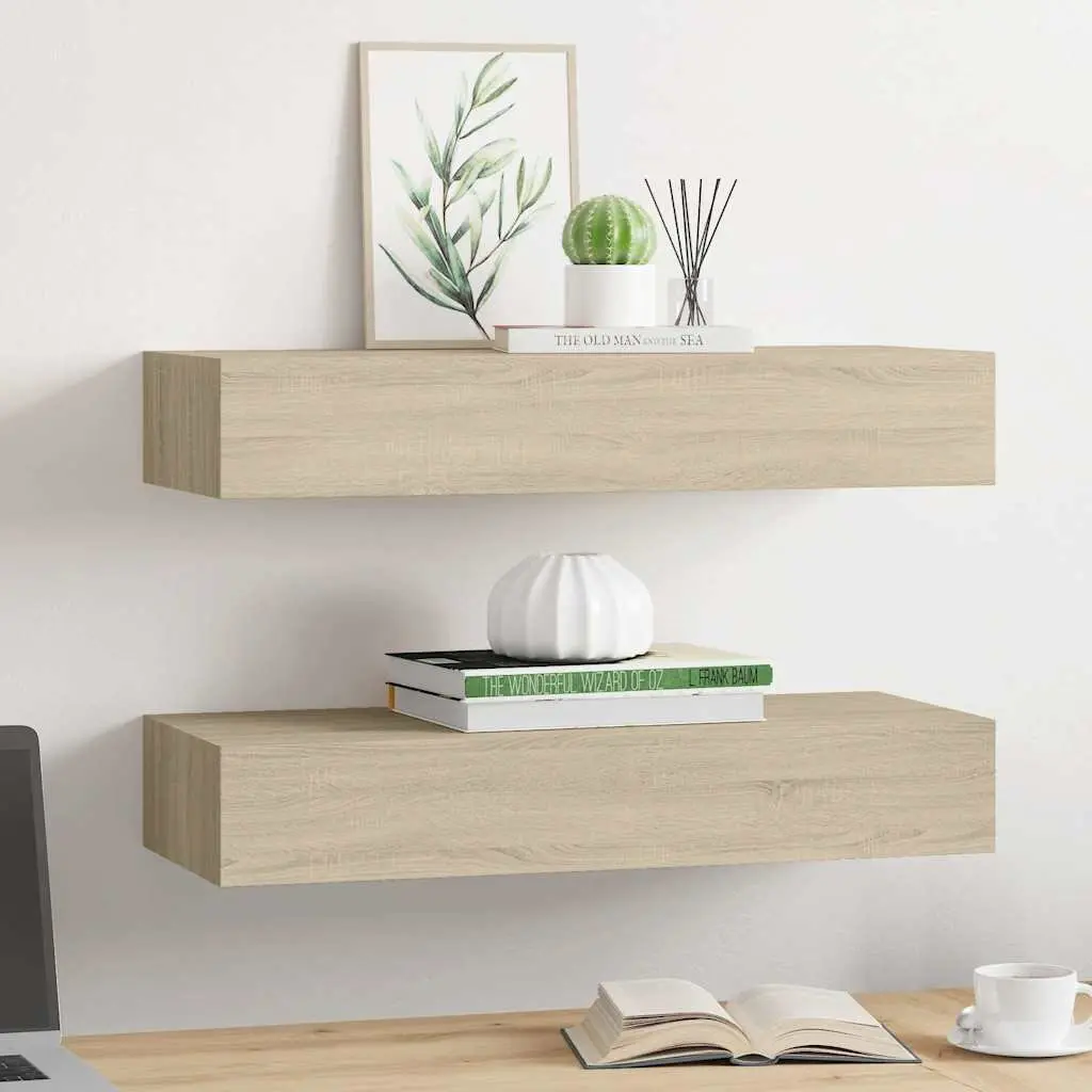 Floating Drawer Shelves Wall-mounted Storage Organizer Oak Brown 60x23.5x10cm Set of 2