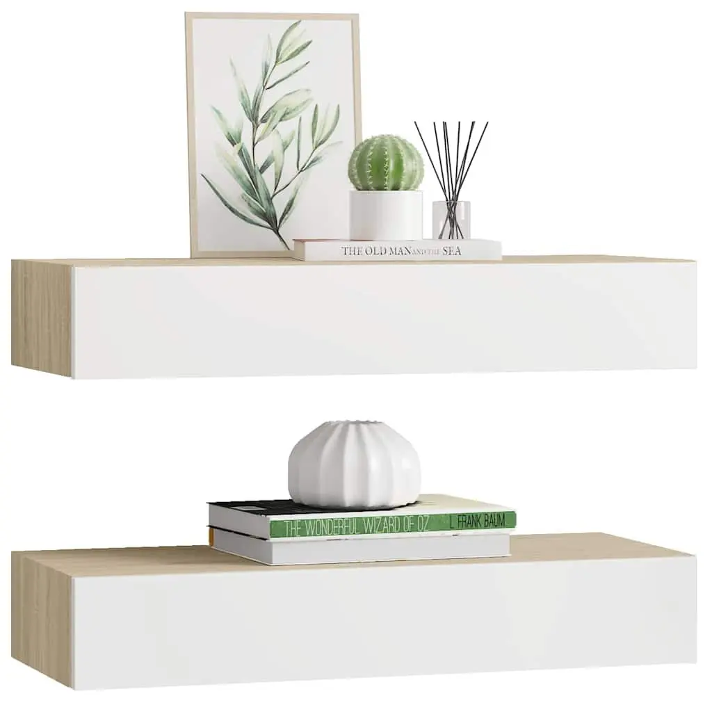 Wall Drawer Shelves Floating Storage Oak White 60x23.5x10cm 2 Piece MDF