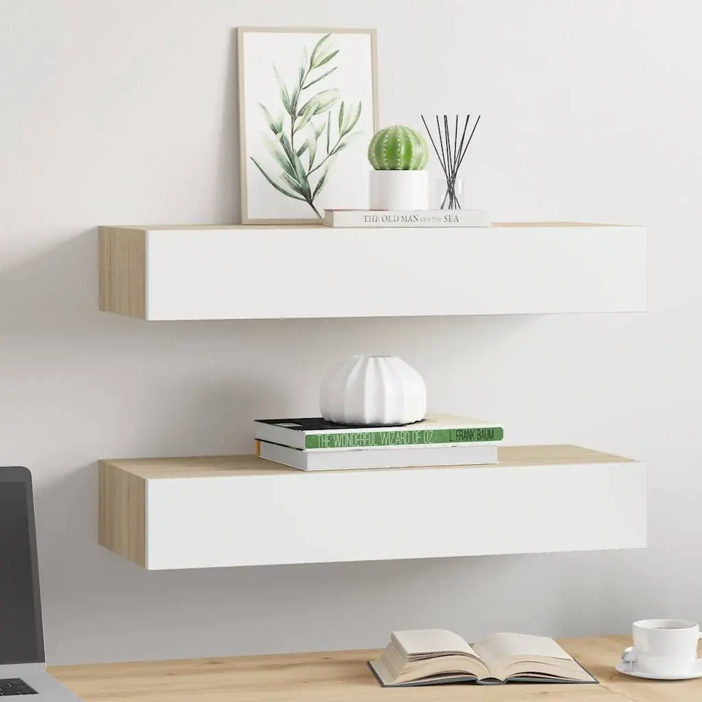 Wall Drawer Shelves Floating Storage Oak White 60x23.5x10cm 2 Piece MDF