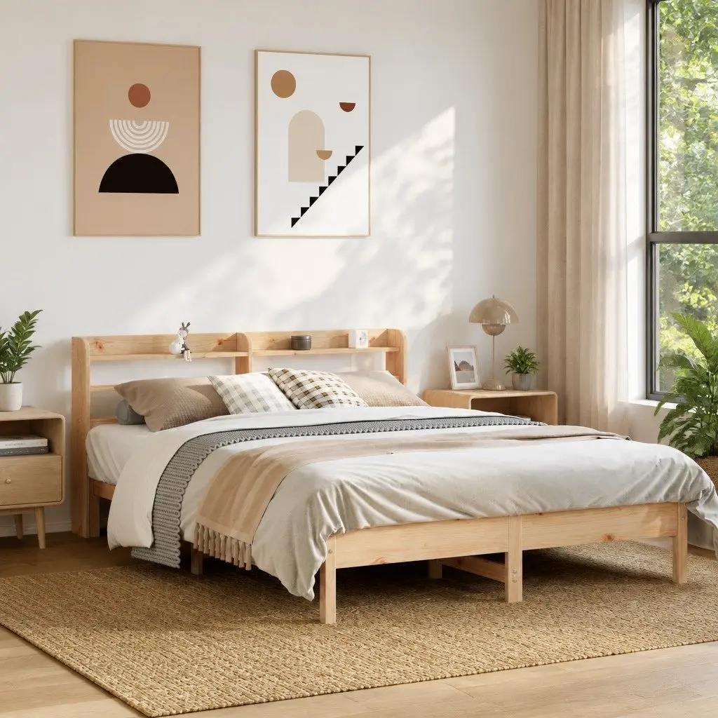Bed Frame Solid Wood Pine 150x200cm Slatted Base Headboard with Storage Shelves