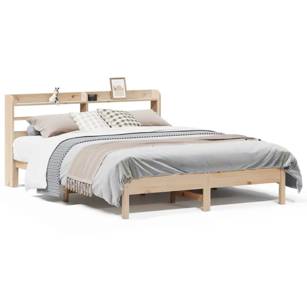 Bed Frame Solid Wood Pine 150x200cm Slatted Base Headboard with Storage Shelves