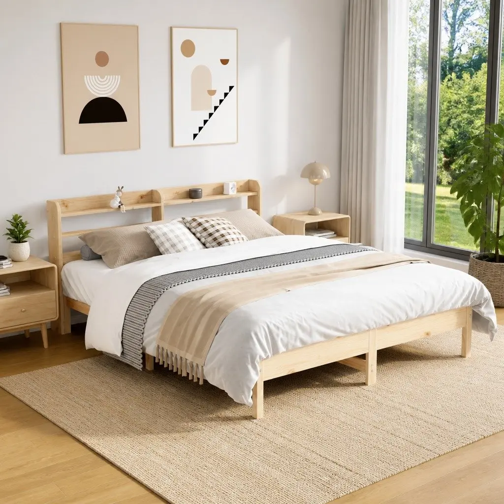 Solid Wood Bed Frame Slatted Base Headboard with Storage Shelves 135x190cm Brown