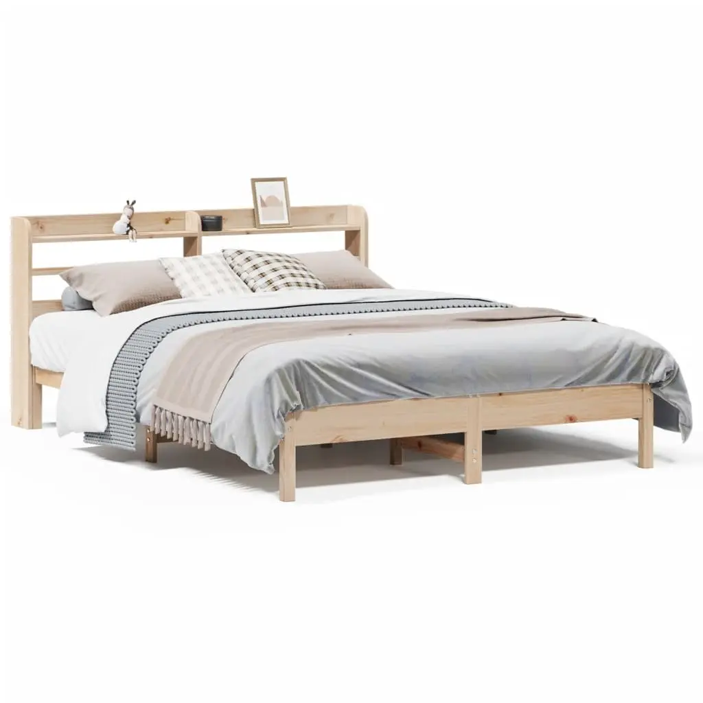 Solid Wood Bed Frame Slatted Base Headboard with Storage Shelves 135x190cm Brown