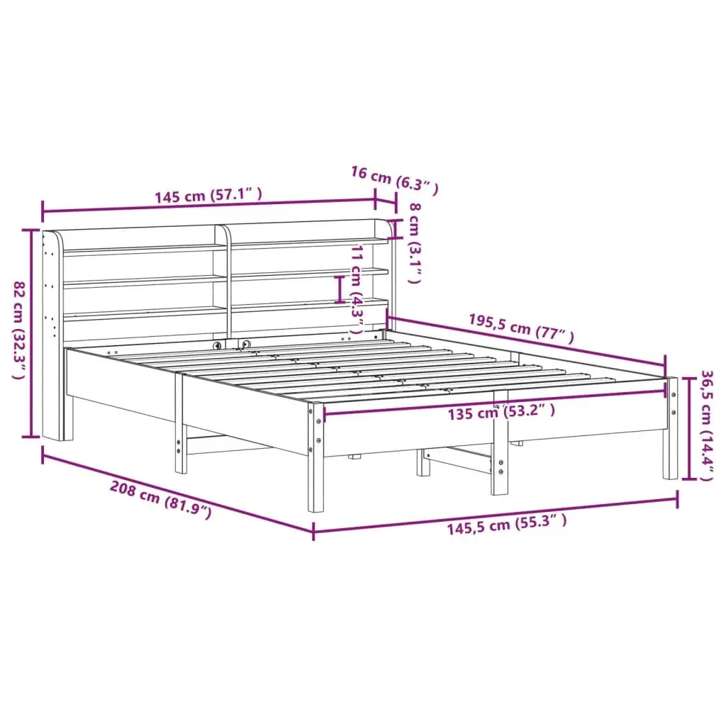 Solid Wood Bed Frame Slatted Base Headboard with Storage Shelves 135x190cm Brown